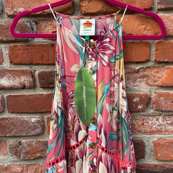 FARM Rio NWT Pink Halter Eyelet Tropical Floral Dress Lined Buttons Large - Picture 1 of 7